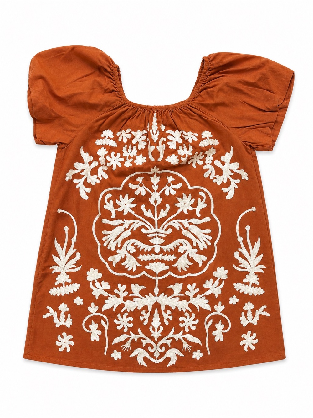 NWOT Free People Fiona Embroidered Mini Dress Rust Orange Boho Puff Sleeve - Picture 2 of 5